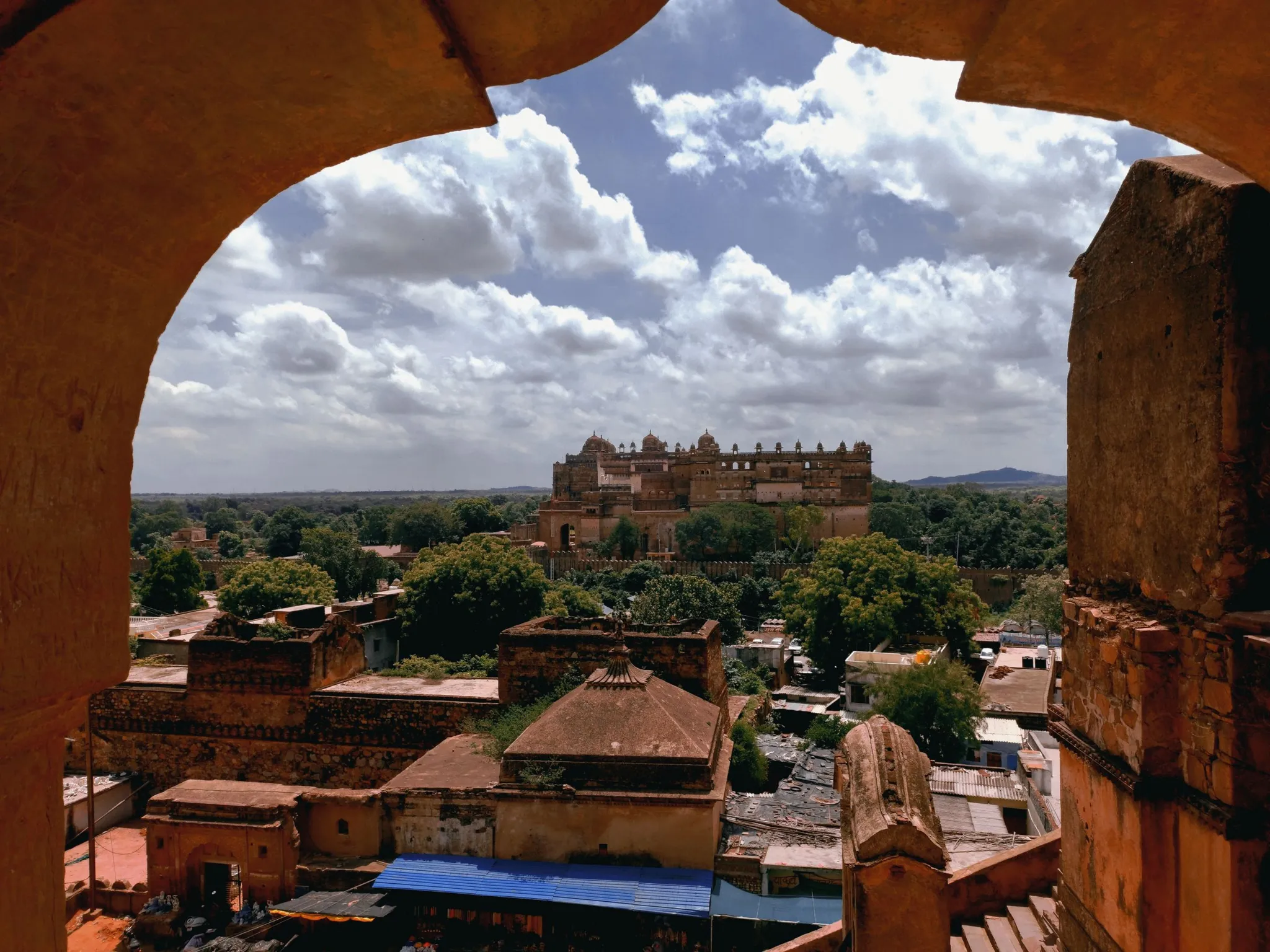 Orchha seen through a palace arch